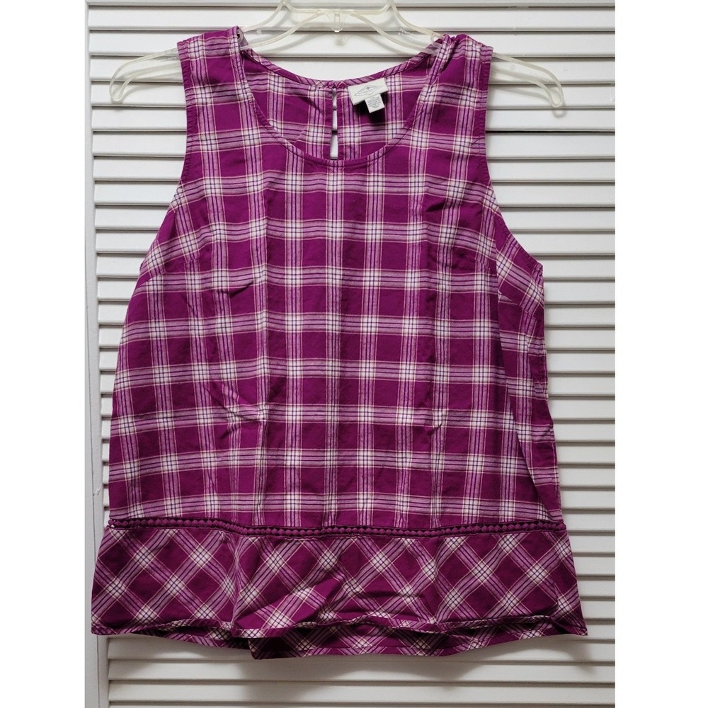 Top Crochet Trim Cotton St Johns Bay Womens XL Magenta Plaid Sleeveless Peplum